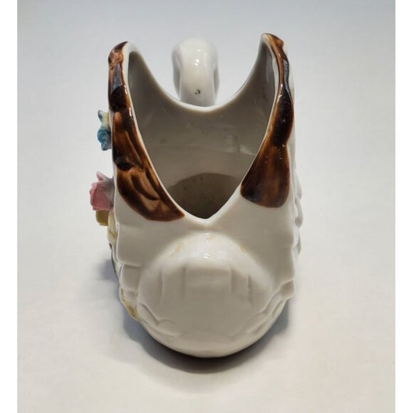 Vintage Small Swan Figurine Planter White Porcelain Hand Painted Floral Design - Picture 4 of 7